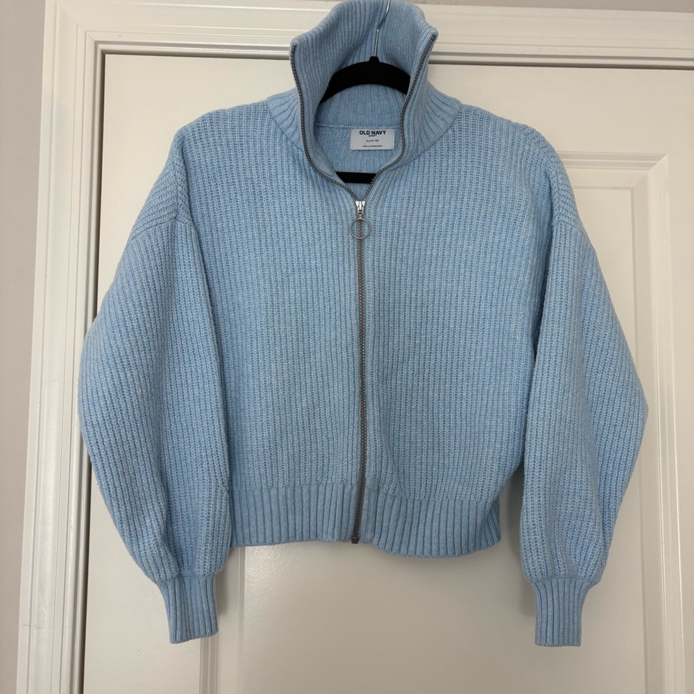 Old Navy Girls Light Blue SoSoft Collared Ribbed Zip-Up Knit Sweater - Picture 3 of 10